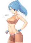  battle_girl_(pokemon) bike_shorts blue_gloves blue_hair breasts comugico cowboy_shot fingerless_gloves gloves highres holding holding_poke_ball long_hair looking_at_viewer medium_breasts midriff navel npc_trainer orange_shirt orange_shorts poke_ball pokemon pokemon_(game) pokemon_oras ponytail shirt shorts solo sports_bra translation_request 