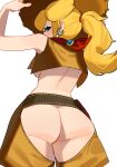  1girl absurdres adjusting_clothes adjusting_headwear ass belt blonde_hair blue_eyes breasts brown_vest chaps cowboy_hat cowgirl_peach earrings from_behind hat highres jewelry l4wless looking_back mario_(series) no_bra no_panties ponytail princess_peach princess_peach:_showtime! red_scarf scarf solo underboob vest 