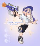  1girl :d absurdres baseball_cap black_leggings black_shorts blue_eyes blue_hair blue_headwear commentary commission full_body gradient_background gun hat highres holding holding_gun holding_weapon inkling inkling_girl inkling_player_character leggings leggings_under_shorts long_hair open_mouth pholooo pointy_ears print_shirt purple_background rapid_blaster_pro_(splatoon) shirt shoes shorts simple_background smile solo splatoon_(series) tentacle_hair thick_eyebrows weapon white_shirt 