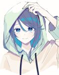  1girl black_eyes black_hair blue_hair blue_pupils blush closed_mouth colored_inner_hair dot_nose drawstring hand_on_own_head highres hood hood_up hooded_jacket hoshino_ichika_(project_sekai) jacket long_hair long_sleeves looking_at_viewer multicolored_hair project_sekai ritzchrono sidelocks simple_background solo straight-on white_background white_jacket 