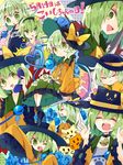  :3 bell bell_choker black_hat blue_flower blue_rose bow choker closed_eyes cosplay floral_print flower green_eyes green_hair green_skirt hand_on_own_chin hat hat_bow heart heart_of_string highres jingle_bell knife koishi_day komeiji_koishi komeiji_satori komeiji_satori_(cosplay) looking_at_viewer multiple_girls multiple_persona nikorashi-ka one_eye_closed open_mouth phone rose school_swimsuit shirt skirt sleeves_past_wrists smile swimsuit teeth third_eye too_many touhou wide_sleeves x) yellow_bow yellow_shirt 