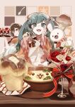  2girls absurdres bowl brown_dress brown_eyes brown_hair character_food checkered_clothes checkered_dress chef_hat cherry cocktail_glass commentary_request cup dress drinking_glass flower food fruit green_eyes green_hair hair_between_eyes hand_on_own_face hat hatsune_miku highres holding holding_tray japanese_clothes kina_co long_hair looking_at_viewer meiko_(vocaloid) multiple_girls one_eye_closed open_mouth outline rabbit_yukine red_flower red_ribbon red_rose ribbon rose short_hair smile snowflakes sparkle steam table tray twintails upper_body utensil vocaloid white_flower white_outline white_rose wooden_table yuki_miku yuki_miku_(2024) 
