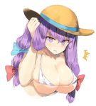  1girl alternate_costume alternate_headwear bangs bare_arms bare_shoulders blue_bow blush bow breasts cleavage collarbone commentary_request hair_bow hair_tucking hat kasuka_(kusuki) large_breasts long_hair looking_at_viewer micro_bikini_top parted_lips patchouli_knowledge purple_eyes purple_hair red_bow solo straw_hat surprised sweat touhou underboob upper_body white_bikini_top 