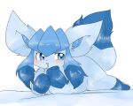 ambiguous_gender blush chest_tuft eeveelution feral fluffy fluffy_ears fluffy_tail generation_4_pokemon glaceon joeri_kunisaki looking_aside lying nintendo on_front open_mouth pawpads pokemon pokemon_(species) simple_background smile solo tail tuft white_background