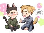 2boys animal_ears ao_isami black_hair blonde_hair blue_jumpsuit blush cat_boy cat_ears cat_tail chibi closed_eyes dog_boy dog_ears dog_tail drooling english_text food fruit full_body green_jumpsuit highres jumpsuit kemonomimi_mode kneeling lewis_smith licking licking_another&#039;s_face looking_at_another male_focus mouth_drool multiple_boys saliva short_hair sideburns sitting smile speech_bubble strawberry surprised tail tail_wagging thumbs_up wasted_m9 white_background yuuki_bakuhatsu_bang_bravern 
