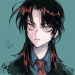  1boy artist_name blue_background brown_eyes brown_hair collared_shirt commentary_request grey_shirt ichijou_seiya kaiji long_hair looking_at_viewer male_focus medium_bangs necktie parted_lips portrait red_necktie shirt signature simple_background solo unknown03162 upper_body 