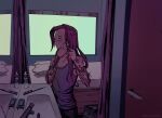  1boy adjusting_hair arm_tattoo bed comb commentary door english_commentary expressionless freckles green_eyes hair_down highres jojo_no_kimyou_na_bouken long_hair male_focus mirror pink_hair purple_tank_top shih-na_(artist) sink soap solo tank_top tattoo upper_body vento_aureo vinegar_doppio window 