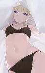  1girl alternate_costume black_bra black_panties blonde_hair blue_archive blue_eyes bra breasts closed_mouth commentary_request highres hiroki_(yyqw7151) looking_at_viewer navel panties partial_commentary small_breasts solo stomach toki_(blue_archive) underwear 