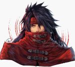  1boy belt_buckle black_hair buckle coat commentary commission covered_mouth cropped_torso final_fantasy final_fantasy_vii final_fantasy_vii_rebirth final_fantasy_vii_remake hair_between_eyes headband highres long_hair looking_at_viewer male_focus portrait red_coat red_eyes red_headband signature solo spiked_hair upper_body vincent_valentine watermark xriviia 