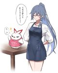  ! 1girl alternate_costume apron arms_behind_back blue_apron blue_hair closed_eyes fu_hua grey_hair hair_between_eyes hand_up highres honkai_(series) honkai_impact_3rd jingwei_(bird) light_blush long_hair long_sleeves parted_lips pink_apron ponytail shirt simple_background solo speech_bubble white_background white_shirt yunomi_(yunomi_hs) 