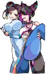  2girls black_hair breasts chun-li collar covered_navel covered_nipples double_bun enpe grabbing grabbing_another&#039;s_breast hair_bun hair_horns han_juri highres large_breasts leg_up lifting_person looking_at_another medium_hair multiple_girls nail_polish open_mouth purple_eyes simple_background spiked_collar spikes street_fighter teeth thick_thighs thighs tongue tongue_out upper_teeth_only white_background yellow_eyes yuri 