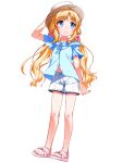  1girl :o bare_legs blonde_hair blue_eyes blue_shirt blush full_body hair_ornament hair_scrunchie hand_on_headwear highres kashiwagi_hatsune kizuato long_hair looking_to_the_side navel partially_unbuttoned pink_footwear sandals scrunchie shirt short_sleeves shorts shouji_ayumu simple_background solo toes twintails very_long_hair white_background white_shorts 