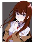  1girl blue_eyes border bright_pupils brown_jacket closed_mouth collared_shirt crossed_bangs hand_on_own_arm hand_up highres jacket long_hair makise_kurisu necktie open_clothes open_jacket outside_border red_hair red_necktie sakuma_(yr_0920) shirt sidelocks solo steins;gate upper_body white_border white_pupils white_shirt 