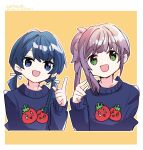  2girls :d blue_eyes blue_hair blue_ribbon blue_sweater dated green_eyes highres kanduki_kamibukuro link!_like!_love_live! long_hair long_sleeves looking_at_viewer love_live! low_twintails matching_outfits medium_hair multiple_girls murano_sayaka open_mouth orange_background otomune_kozue pointing pointing_at_self pointing_up purple_hair ribbon side_ponytail smile sweater tomato twintails upper_body vegetable_print 