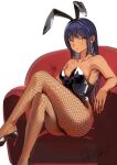  1girl animal_ears bare_shoulders black_footwear black_leotard blue_hair breasts cleavage closed_mouth collarbone commentary_request copyright_request couch crossed_legs dark-skinned_female dark_skin fake_animal_ears fishnet_pantyhose fishnets konbu_wakame leotard long_hair looking_at_viewer on_couch pantyhose playboy_bunny rabbit_ears shoes signature solo twitter_username yellow_eyes 