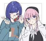 2girls adjusting_eyewear atenaba black_headwear black_sweater_vest blue_eyes blue_hair blue_sweater braid colored_inner_hair commentary glasses hands_up hashtag_only_commentary highres kaf_(kamitsubaki_studio) kamitsubaki_studio long_hair looking_at_viewer medium_hair multicolored_hair multiple_girls parted_lips pink_hair red_hair rim_(kamitsubaki_studio) shirt sweater sweater_vest tongs twin_braids upper_body white_shirt yellow_pupils 