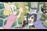  animal_ears black_hair blonde_hair bow bowtie brown_eyes castle_of_cagliostro chromatic_aberration commentary common_raccoon_(kemono_friends) fennec_(kemono_friends) food fox_ears gloves kemono_friends lupin_iii meatball movie_reference multicolored_hair multiple_girls open_mouth parody pasta raccoon_ears short_hair short_sleeves skirt smile spaghetti spaghetti_and_meatballs ueyama_michirou 