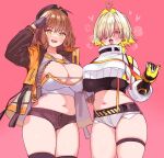  2girls anis_(nikke) black_headwear black_thighhighs blonde_hair blush breasts brown_hair cleavage conto crop_top elegg_(nikke) english_commentary fang fingerless_gloves gloves goddess_of_victory:_nikke hair_intakes hair_over_one_eye hat heart jacket large_breasts long_sleeves looking_at_viewer micro_shorts multiple_girls open_clothes open_mouth pink_background purple_eyes salute short_hair short_shorts shorts simple_background skindentation stomach thigh_strap thighhighs yellow_eyes 