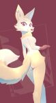 anthro b-epon breasts butt canid canine ear_piercing ear_ring fany_(foxdee) female fluffy fluffy_tail fox fur glistening glistening_butt hi_res looking_at_viewer looking_back looking_back_at_viewer mammal piercing rear_view ring_piercing slim small_breasts smile solo standing tail tan_body tan_fur