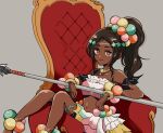  1girl bare_shoulders black_shorts brown_hair chair closed_mouth crop_top dark-skinned_female dark_skin fire_emblem fire_emblem_engage grey_background hair_ornament holding holding_polearm holding_weapon long_hair looking_at_viewer midriff navel oda32t on_chair polearm ponytail red_eyes shorts shorts_under_skirt sitting skirt smile solo star-shaped_pupils star_(symbol) symbol-shaped_pupils timerra_(fire_emblem) weapon 