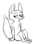  anthro arctic_fox black_and_white canine chest_tuft disney female fox fuel_(artist) fur half-closed_eyes mammal monochrome nude simple_background sitting skye_(zootopia) smile solo tuft white_background zootopia 