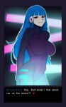  1girl absurdres android arms_behind_back blue_hair breasts cowboy_shot english_text heart highres kira_miki large_breasts long_hair looking_at_viewer parted_lips puk_(puk_2020) red_eyes smile solo teeth va-11_hall-a 