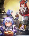  2girls apron bag blue_eyes blue_hair blush_stickers chocolate closed_eyes cooking dragon_girl dragon_horns duel_monster gift hatano_kiyoshi highres horns imagining indoors kitchen_dragonmaid laundry_dragonmaid long_hair maid multiple_girls patissciel_couverture purple_hair red_eyes red_hair smile tablet_pc yellow_eyes yu-gi-oh! yuri 