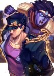  2boys armor black_headwear black_jacket blue_eyes chain collarbone colored_skin commentary_request fingerless_gloves gakuran gloves hat_over_one_eye highres incoming_attack incoming_punch jacket jojo_no_kimyou_na_bouken kujo_jotaro looking_at_viewer male_focus multiple_boys muscular muscular_male one_eye_covered open_clothes open_jacket open_mouth pauldrons pink_shirt punching purple_gloves purple_hair purple_skin school_uniform shikabane_(draw_tadao14) shirt short_hair shoulder_armor signature stand_(jojo) standing star_platinum stardust_crusaders 