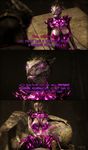  2017 3d_(artwork) absurd_res ambiguous_species anthro argonian armor bizzyniz breasts cave close-up clothed clothing comic detailed dialogue digital_media_(artwork) female front_view glowing glowing_eyes helmet hi_res inside masturbation pink_eyes post_transformation pussy reptile scalie sitting skimpy skyrim source_filmmaker suit_transformation the_elder_scrolls transformation vaginal vaginal_masturbation video_games 