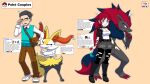 16:9 2024 3_fingers absurd_res anthro bag belt belt_buckle black_body black_boots black_clothing black_footwear black_fur black_hair blue_eyes blush blush_lines boots bottomwear braixen choker clothing digital_media_(artwork) english_text eyeshadow faye_(knight-of-syrinx) female fingers footwear fur generation_5_pokemon generation_6_pokemon green_eyes hair hi_res hoodie human jewelry knight-of-syrinx leggings legwear makeup male mammal necklace necktie nintendo orange_body orange_fur pokemon pokemon_(species) red_hair shoes simple_background sneakers sweater sweater_vest tail tattoo text tobias_(knight-of-syrinx) topwear torn_bottomwear torn_clothing vest widescreen yellow_body yellow_fur zoroark