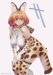  1girl animal_ears blonde_hair blush bow bowtie breasts elbow_gloves extra_ears gloves hanging_breasts highres kemono_friends large_breasts leaning_forward looking_at_viewer no_bra nyororiso_(muyaa) open_mouth print_bow print_bowtie serval_(kemono_friends) serval_print shirt short_hair skirt sleeveless sleeveless_shirt solo tail thighhighs 