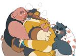 2024 anthro bear belly big_belly blush bodily_fluids bulge canid canine canis clothing domestic_dog domestic_pig genital_fluids groping_from_behind group hi_res kemono male male/male mammal moob_grab moobs overweight overweight_male precum quanjiang shirt simple_background skinsuit suid suina sus_(pig) tight_clothing topwear visor white_background