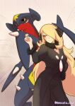  1girl blonde_hair blush closed_mouth coa_nencata coat commentary_request cynthia_(pokemon) emphasis_lines fur-trimmed_coat fur_collar fur_trim garchomp hair_ornament hair_over_one_eye hand_on_own_hip hand_up highres long_hair looking_to_the_side pants pokemon pokemon_(creature) pokemon_dppt shirt smile watermark 