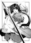  1girl absurdres arm_guards black872233196 braid commentary_request feathers floral_print greyscale hair_ornament headband highres holding holding_sword holding_weapon japanese_clothes lips long_hair long_sleeves low_ponytail monochrome open_mouth ouka_(toukiden) pleated_skirt ponytail skirt solo sword teeth toukiden weapon white_background wide_sleeves 
