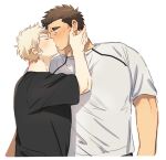  2boys ace_of_diamond bara black_hair blonde_hair blush closed_eyes couple hands_on_another&#039;s_head harada_masatoshi height_difference kiss looking_at_another male_focus multiple_boys narumiya_mei nikame short_hair simple_background size_difference sweatdrop upper_body white_background yaoi 