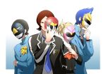  1girl 3boys absurdres black_hair blonde_hair blue_hair brown_hair closed_mouth commentary highres igusaharu kurosu_jun lisa_silverman looking_at_viewer mask mishina_eikichi multiple_boys nail_polish necktie persona persona_2 phoenix_ranger_featherman school_uniform seven_sisters_high_school_uniform short_hair skirt suou_tatsuya 