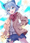  1girl :d ahoge alternate_costume blue_bow blue_eyes blue_hair blue_skirt blurry blush bow brown_coat cardigan cirno coat commentary_request cowboy_shot depth_of_field eyelashes from_below grey_cardigan hair_between_eyes hair_bow hands_on_own_hips highres kyuu_cat looking_at_viewer miniskirt open_clothes open_coat open_mouth plaid plaid_scarf pleated_skirt red_scarf scarf short_hair simple_background skirt smile snowflakes solo teeth touhou tsurime upper_teeth_only v-shaped_eyebrows white_background winter_clothes 