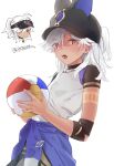  1boy absurdres animal_hat ball black_headwear blush clothes_around_waist cyno_(genshin_impact) dark-skinned_male dark_skin genshin_impact gomi_deshu hair_between_eyes hair_over_one_eye hat highres holding holding_ball long_hair looking_at_viewer male_focus multiple_views open_mouth piercing red_eyes short_sleeves simple_background sweat visor_cap white_background white_hair 