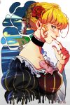  1girl absurdres beatrice_(umineko) blonde_hair blue_eyes bow choker collarbone dress flower hair_bun highres juliet_sleeves lighthouse long_sleeves pink_bow puffy_sleeves solo striped_clothes umineko_no_naku_koro_ni vertical-striped_clothes zucchinidraws 