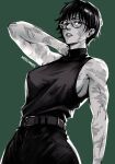  1girl breasts burn_scar glasses green_background high-waist_pants jujutsu_kaisen looking_at_viewer miss_faves muscular muscular_female pants round_eyewear scar scar_on_arm scar_on_face short_hair simple_background zen&#039;in_maki 