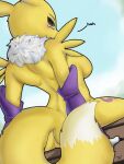 anthro bandai_namco big_breasts big_butt breasts butt butt_focus canid canine digimon digimon_(species) featureless_breasts female first_person_view fox fox_tail fur hi_res mammal rear_view renamon rizal_ok solo thick_thighs yellow_body yellow_fur