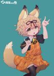  1girl absurdres animal_ear_fluff animal_ears arms_up bell black_bow blonde_hair borrowed_character bow brown_eyes collared_shirt commission cowboy_shot double_fox_shadow_puppet dress fox_ears fox_girl fox_shadow_puppet fox_tail green_background hair_between_eyes hair_bow highres komori-san looking_at_viewer neck_bell off-shoulder_dress off_shoulder original plaid plaid_dress puffy_sleeves rosia_san shirt short_hair signature skeb_commission solo standing tail tail_through_clothes thighhighs zettai_ryouiki 