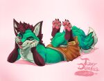 anthro barefoot blue_eyes brown_hair canid canine chest_tuft clothed clothing feet fox fur green_body green_fur hair hi_res lying male mammal on_front simple_background solo tongue tongue_out tonydunkel topless tuft