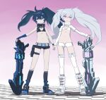  2girls 32zzz asymmetrical_gloves black_bra black_collar black_gloves black_hair black_rock_shooter black_rock_shooter_(character) black_shorts black_socks blue_eyes bra cannon closed_mouth collar detached_collar fingerless_gloves flat_chest gloves hair_between_eyes hair_ornament highres holding_hands long_hair long_sleeves mismatched_gloves multiple_girls navel pale_skin purple_eyes short_shorts shorts sidelocks socks star_(symbol) star_hair_ornament thighhighs twintails underwear uneven_twintails white_bra white_collar white_footwear white_rock_shooter white_shrug white_thighhighs 