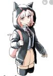  1girl animal_ears backpack bag black_shirt black_thighhighs brown_hair brown_skirt cropped_legs danganronpa_(series) danganronpa_2:_goodbye_despair fake_animal_ears highres hood hood_up hooded_jacket jacket long_sleeves medium_hair miniskirt nanami_chiaki pink_bag pink_eyes pio_(kari) pleated_skirt shirt skirt sleeves_past_wrists solo thighhighs two-tone_shirt white_shirt zettai_ryouiki 