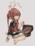 1girl animal_ears bag barefoot blue_eyes blush braid brown_hair cross-laced_clothes final_fantasy final_fantasy_xiv from_behind full_body gem grey_background haiiro_(frabilovelove) hair_between_eyes heterochromia highres holding holding_gem lalafell long_hair looking_at_viewer open_mouth pointy_ears rabbit_ears rabbit_girl rabbit_tail red_ribbon ribbon satchel seiza single_braid sitting solo tail treasure_chest yellow_eyes 