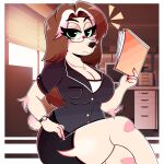 1:1 2024 absurd_res anthro arm_tuft big_breasts blush bottomwear breast_pocket breasts brown_hair canid canine canis cheek_tuft clock clothed clothing digital_media_(artwork) domestic_dog elbow_tuft elysia_(00niine) eyebrow_through_hair eyebrows eyelashes eyewear facial_tuft female file_folder fingers fur glasses green_eyes hair hi_res highlights_(coloring) long_hair looking_at_viewer mammal mature_female office pendant skirt solo tail topwear translucent translucent_hair tuft watch white_body white_fur white_highlights wireless_shiba wristwatch