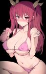  1girl artificial_vagina bikini black_background blush breasts covered_nipples hair_between_eyes haoni highres holding holding_sex_toy huge_breasts long_hair looking_at_viewer navel pink_bikini rakudai_kishi_no_cavalry red_eyes red_hair sex_toy solo stella_vermillion swewt swimsuit two_side_up 