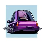  1girl absurdres blue_background border cadillac cadillac_cts car driving duz english_commentary fate_(series) from_behind glasses highres looking_at_viewer looking_back lowrider mash_kyrielight motor_vehicle one_eye_covered outside_border purple_eyes purple_hair smile solo vehicle_focus white_border 