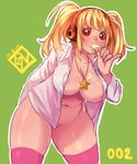  areolae arms_behind_back blonde_hair breasts cowboy_shot cream_on_body dated eating food green_background headphones holding holding_food ice_cream jewelry large_breasts leaning_forward long_sleeves messy naked_shirt navel necklace nitroplus no_bra no_panties outline pink_legwear pinky_out plump poch4n red_eyes shirt short_twintails simple_background star star_necklace super_pochaco thighhighs twintails unbuttoned unbuttoned_shirt 